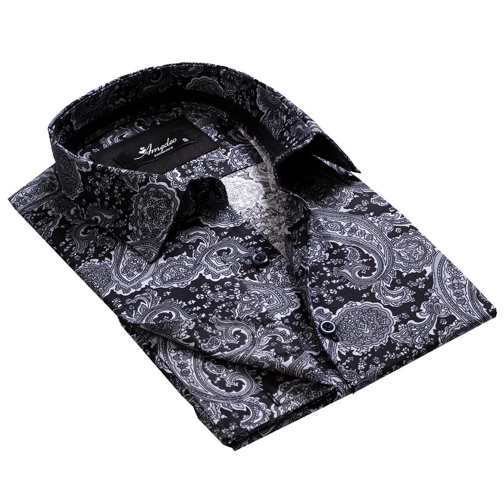 Amedeo Exclusive Black Grey Paisley Mens Slim Fit French Cuff Dress