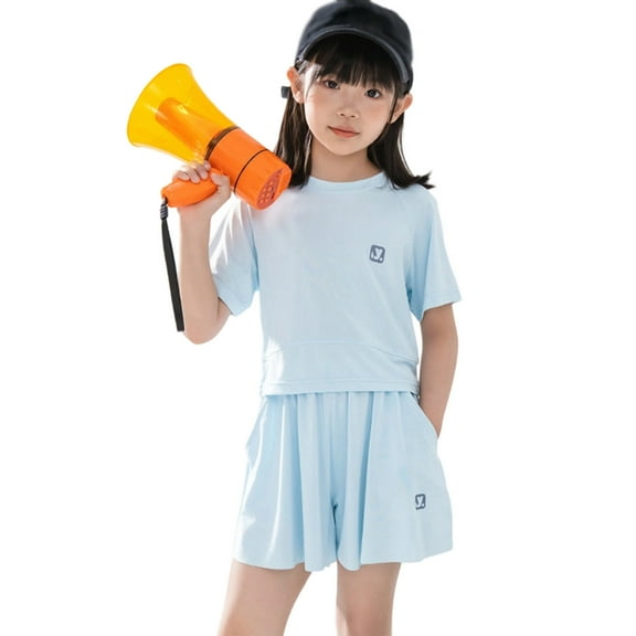DGMIOCS Girls Clothing Set Summer Casual Training Suit for Daily Play and Outdoor Activities for Girls 10-16 Loose Fit Top and Skirt Pants Sky Blue 12-13 Years