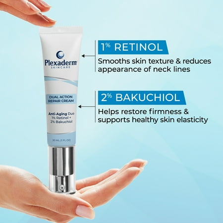 Plexaderm Dual Action Repair 1% Retinol Face Cream. Anti Aging Cream Serum with Retinol, Bakuchiol, and Hyaluronic Acid to Fight Fine Lines and Wrinkles, 1 fl. oz.