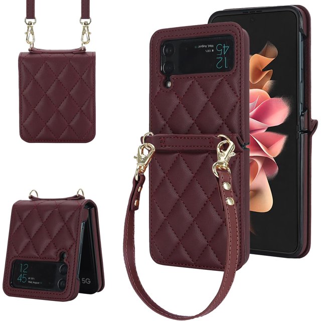 REQO pour Samsung Galaxy Z Flip 3 Étui, Style Mode Diamant et Texture Fine, Protection de la Charnière, Bandoulière Réglable