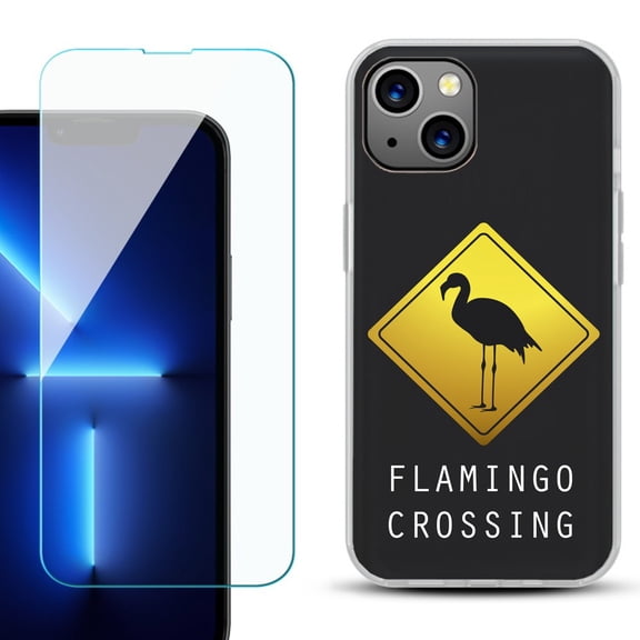 Slim-Fit Gel TPU Phone Case for iPhone 14, with Tempered Glass Screen Protector, by OneToughShield ® - Flamingo