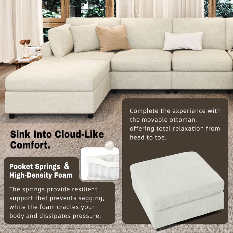 127" U-Shaped Modular Sectional Sofa with Movable Ottoman, 6-Piece Chenille Fabric Couch, Convertible Corner Sofa with Pine Wood Frame, Modern Deep Seat Sofa Set for Living Room & Apartment
