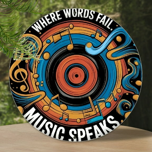 1pc Vintage Vinyl Record Metal Wall Art - 8x8 Round Aluminum Sign with Where Words Fail Music Speaks Quote, Retro Music-Themed Decor for Home, Office, Cafe, Durable Weatherproof Indoor Outdoor Wall De