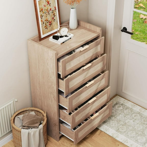 M optimized Boho 5 Drawers Dresser, Rattan Dresser with Golden Metal Handles, Chest of Drawers, Clothes Storage Cabinet for Closet, Living Room, Hallway Bedroom