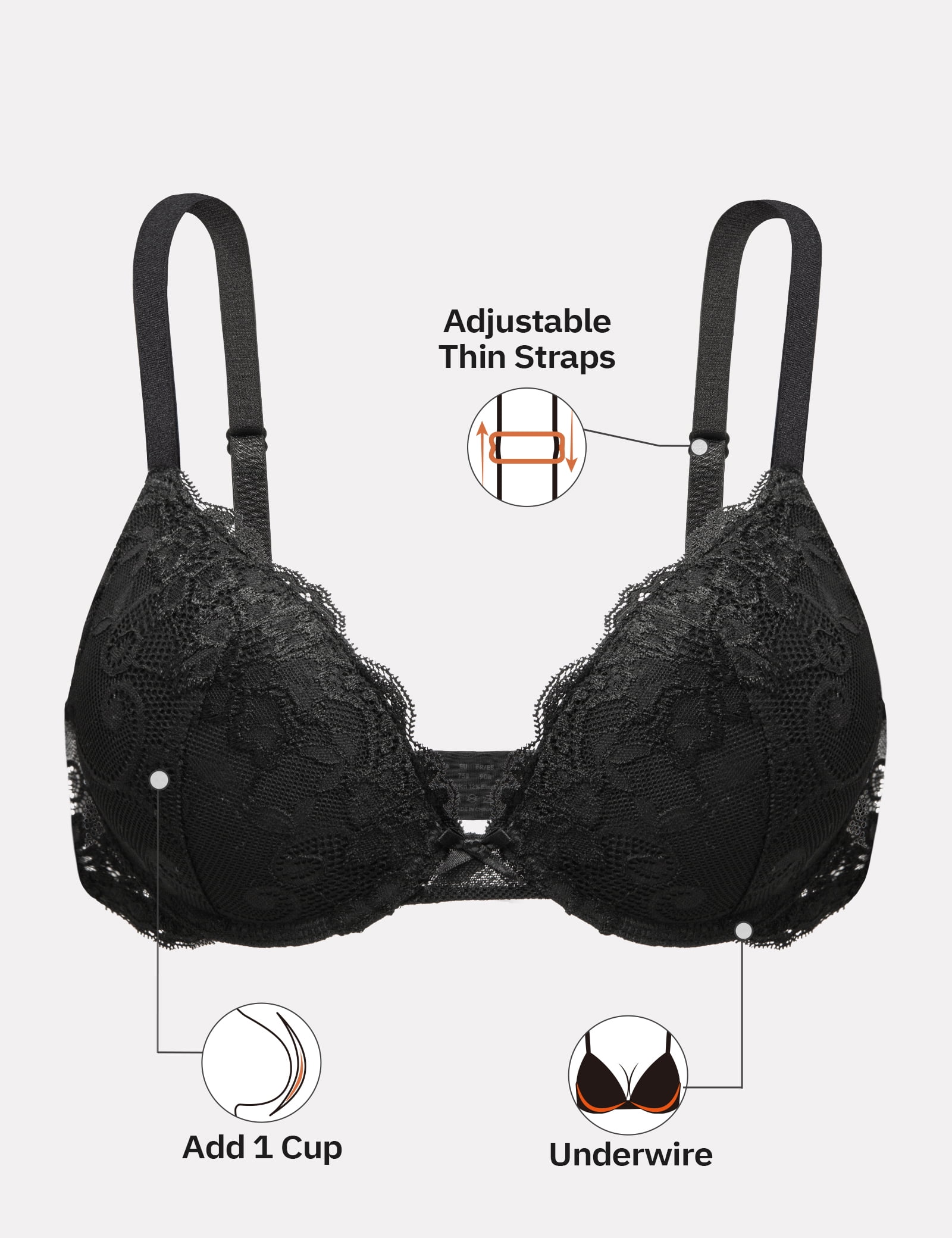 Wingslove Women's Push Up Sexy Lace Padded Plunge Underwire Lift Up Bras Add 1 Cup Boost Brassiere,Black 40B