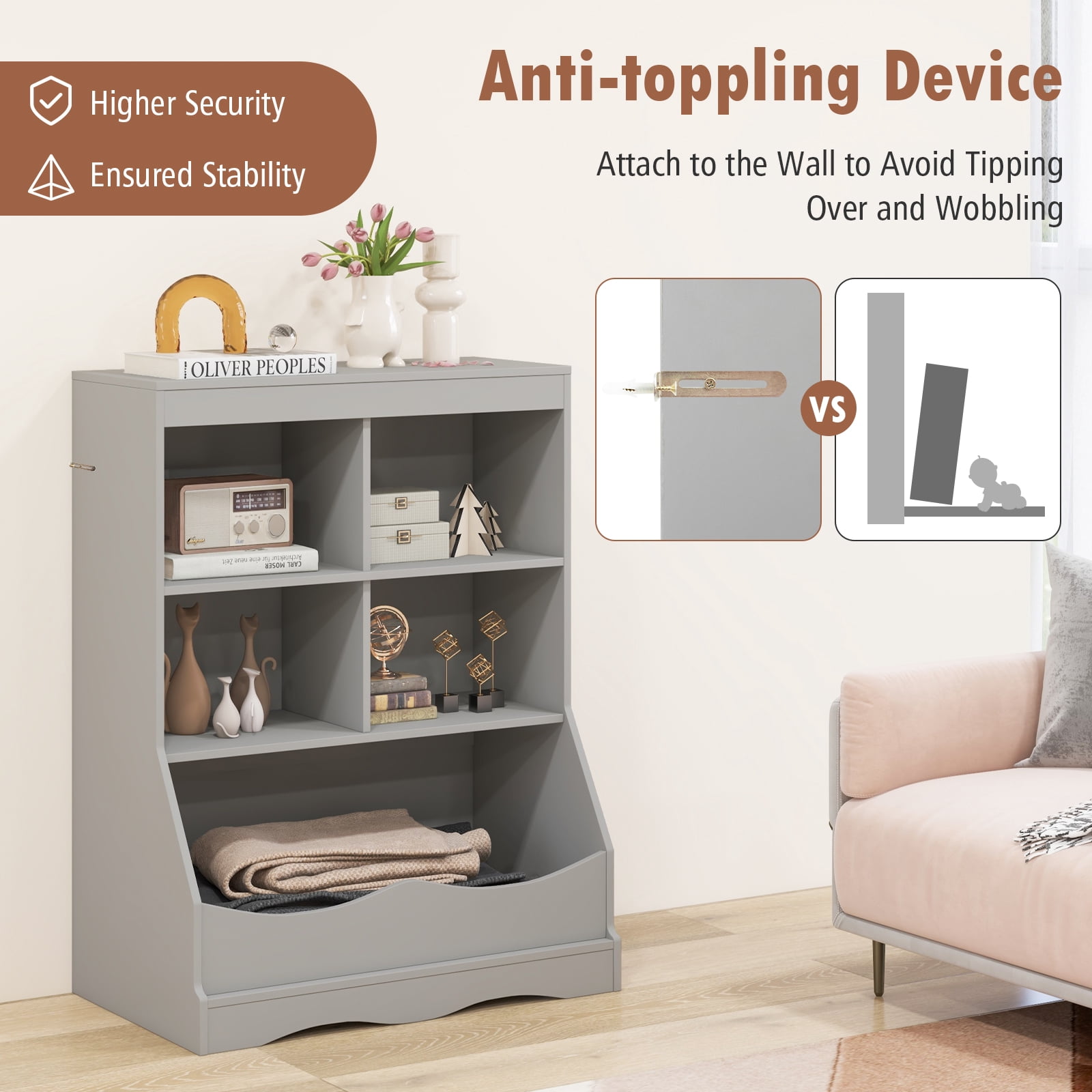 Giantex Kids Toy Storage Organizer, Wooden Organization w/Anti-Tipping Device, Gray