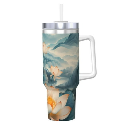 

Goofa Mountain Lotus Serenity Print 40oz Ice Bully With Handle And Straw Stainless Steel Vacuum Insulated Cup And 2 In 1 Straw Lid