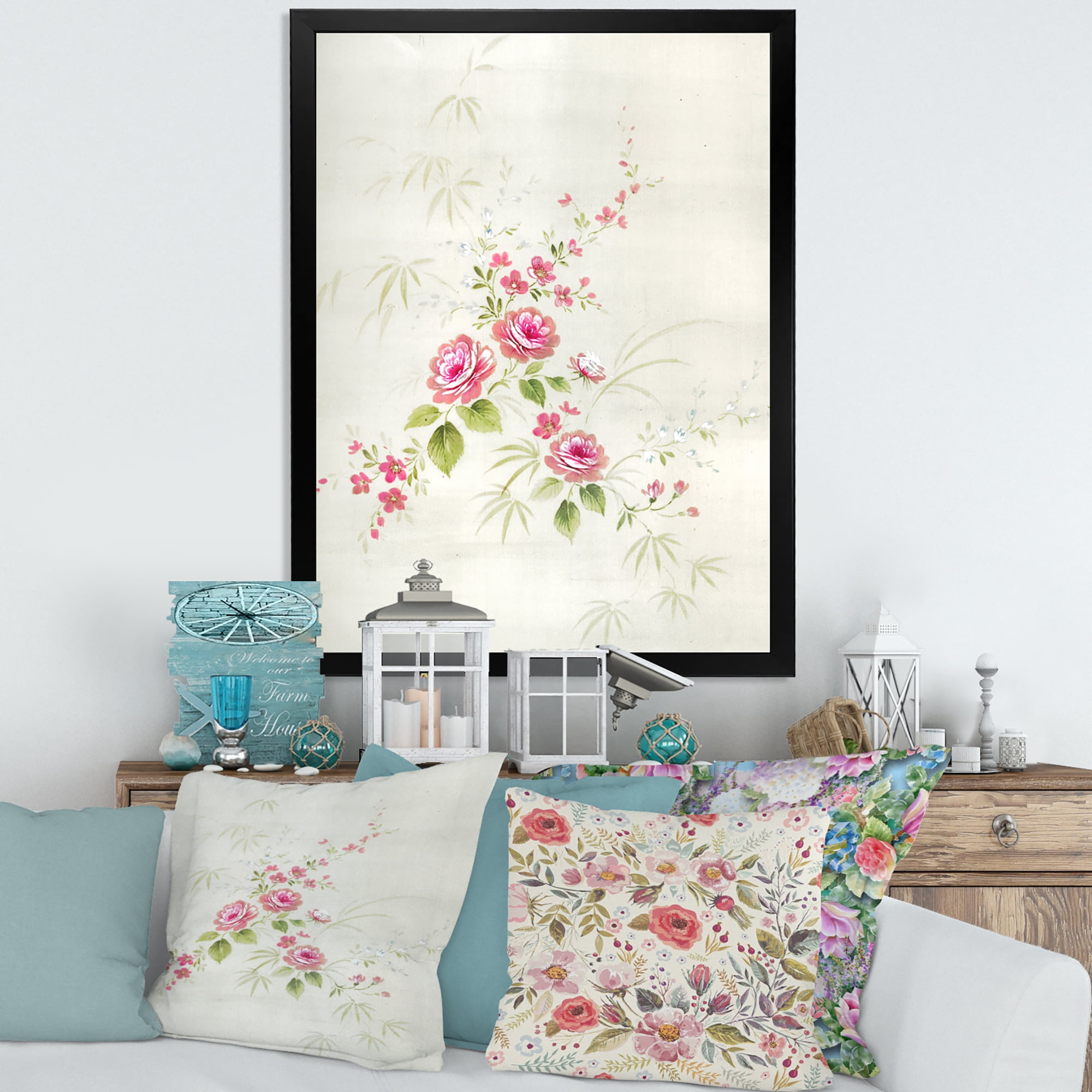 Designart 'Abstract Retro Drawing of Flowers II' Vintage Framed Art Print