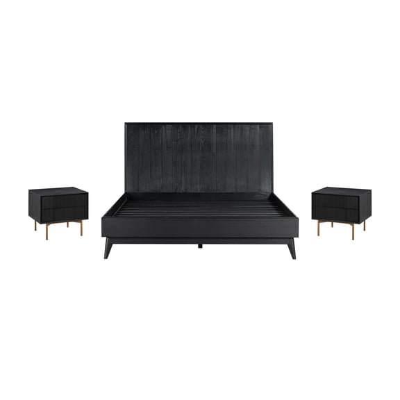 Modern 3 Piece Bedroom Set - Black Oak Wood Bed FrameNightstands