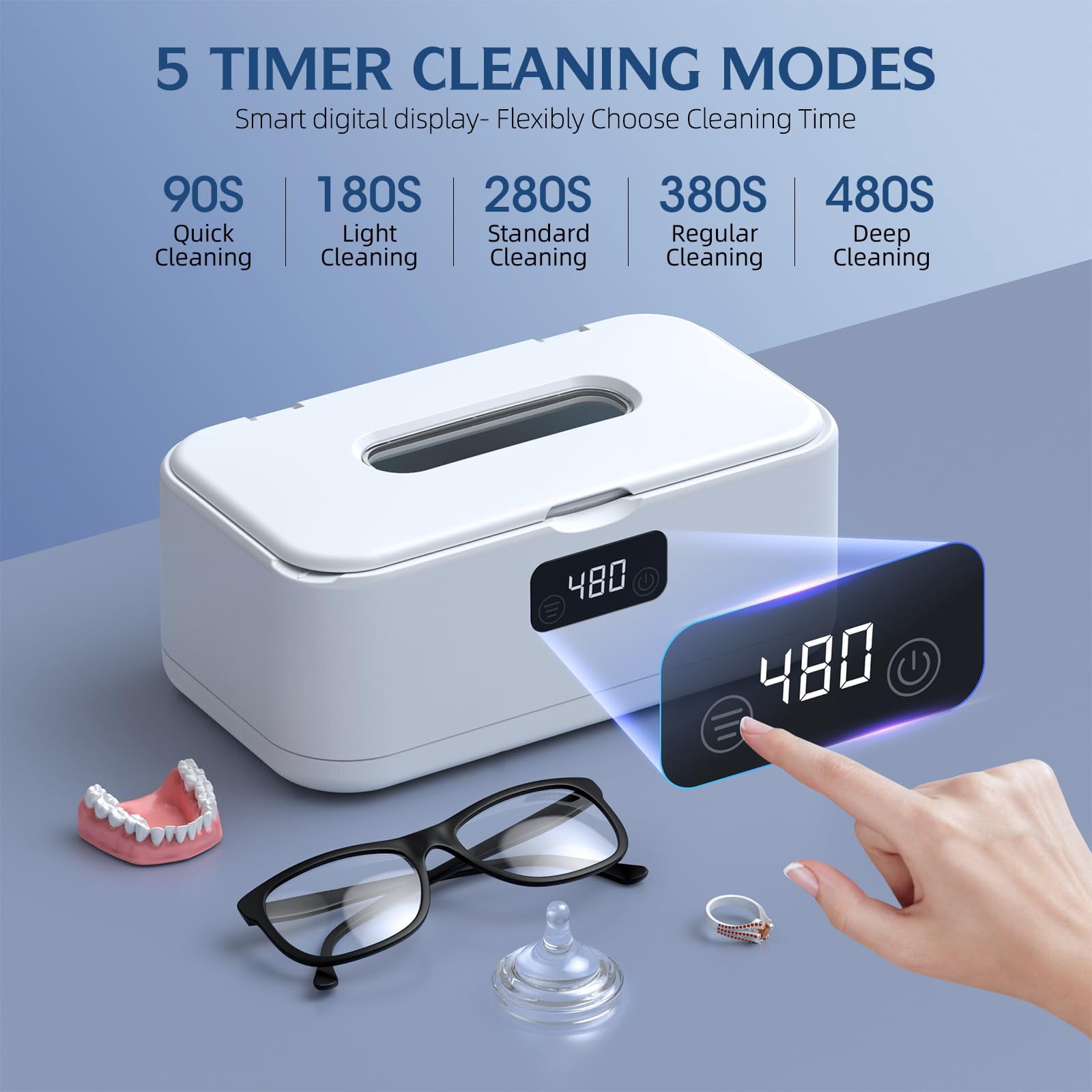 Ultrasonic Jewelry Cleaner, 50Khz Jewelry Cleaner Ultrasonic Machine for Jewelry, Eyeglasses, Rings, Watch Strap, Dentures, 24oz - 304 Stainless Steel Tank, Digital Timer, 5 Cleaning Modes(White)