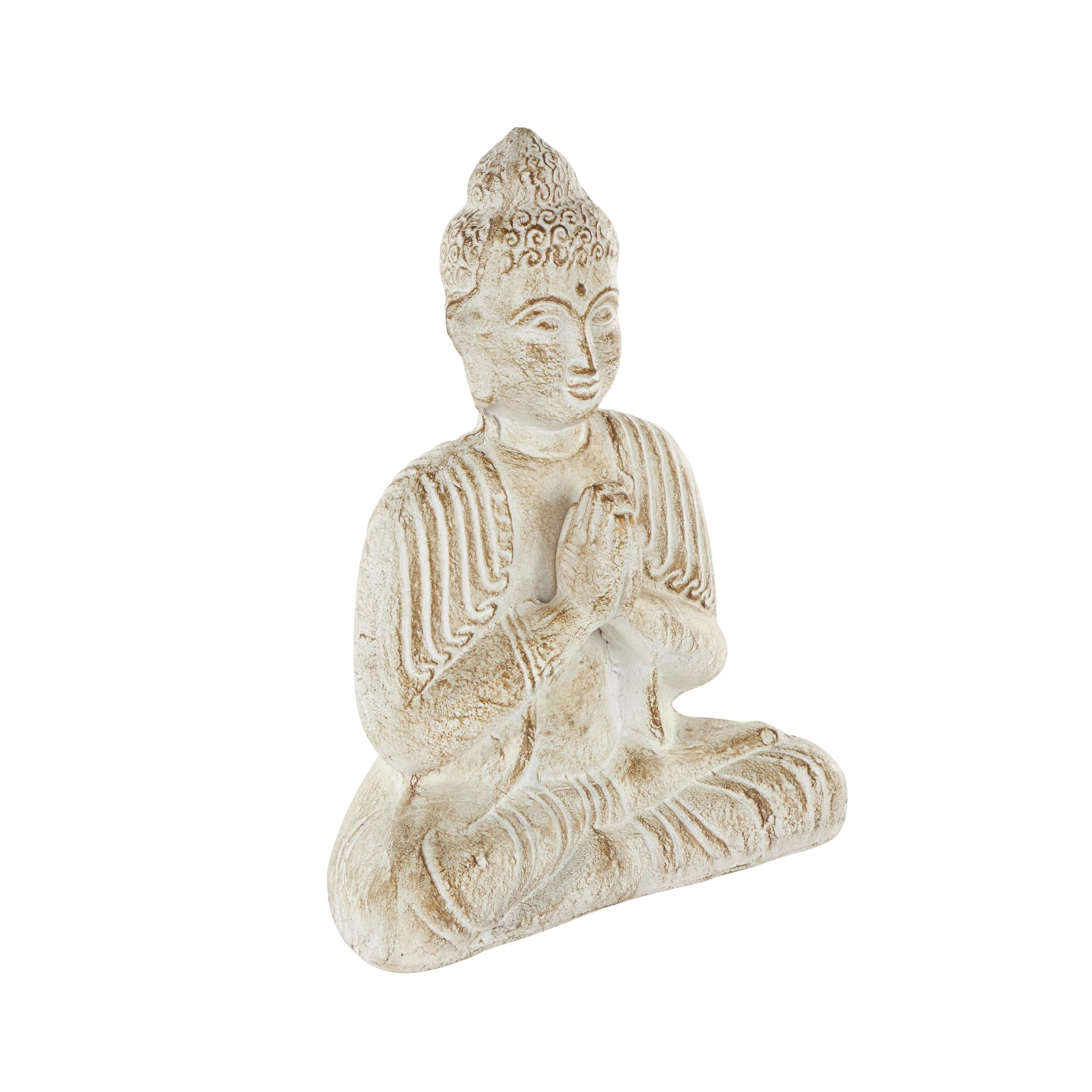 13" x 16" Cream Paper Mache Handmade Carved Buddha Sculpture with Brown Distressing, by DecMode