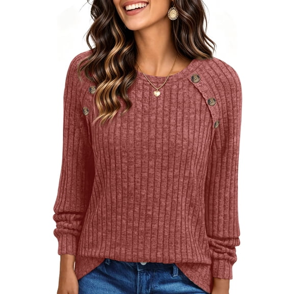 UVN Tops for Women Long Sleeve Buttons Shirts Dressy Crew Neck Tunic Blouses Fall Casual Lightweight Sweaters