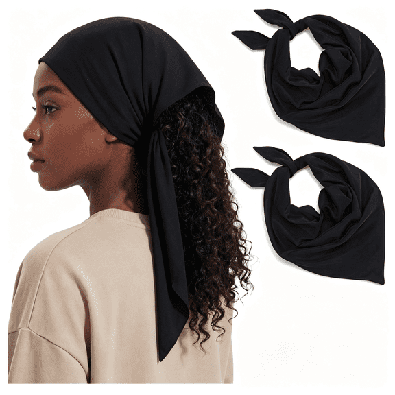TELOLY 2Pcs Satin Lined Bandana Waterproof Head Scarf Non-Slip Hair Scarf Large Triangle Waterproof Rain Headband for Women Black Satin Bandana
