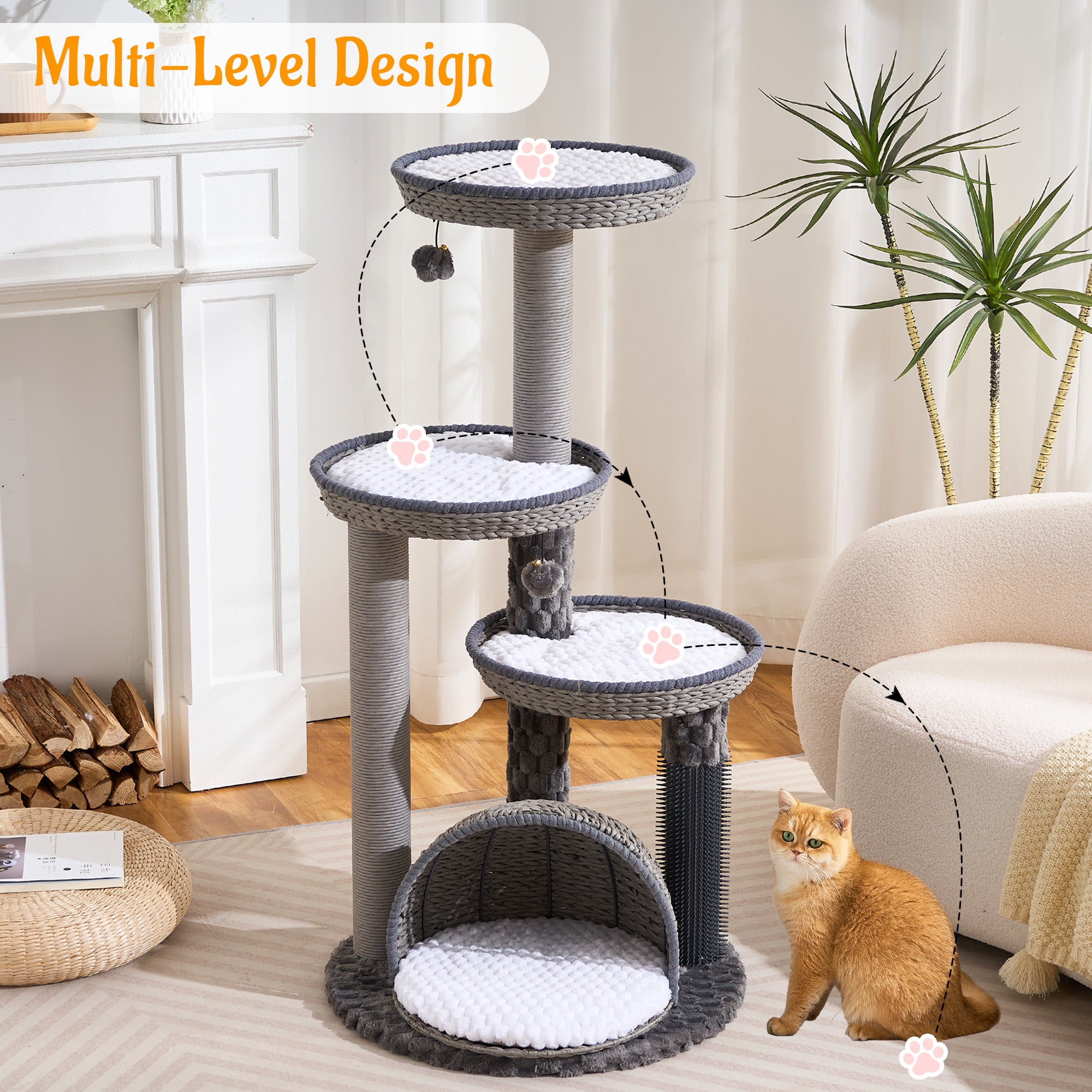 HITTITE Modern Cat Tree Tower with Scratching Post, 46 Inches Tall Cat Towers with Woven Cat Nests and Cave, Removable Cushions and Massage Brush for Indoor Cats Large Adult.
