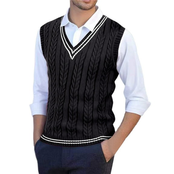 Sweater Vest Men V Neck Casual Sleeveless Pullover Striped Cable Knit Business Casual Tops Fall Winter College Style Sweaters Black L