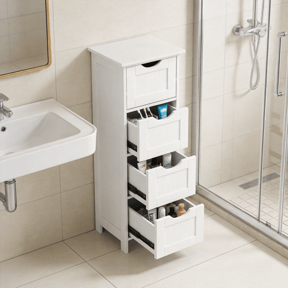 Wanling Bathroom Storage Cabinet, Bathroom Cabinet with 4 Drawers, Freestanding Entryway Cupboard Storage Organizer Unit Home Furniture Decor White