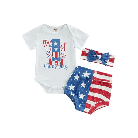 

Arvbitana Baby Girls 4th of July Outfits Independence Day Newborn Clothes Set Print White Short Sleeve Romper Star Striped Print Shorts Headband 3pcs 0-24 Months