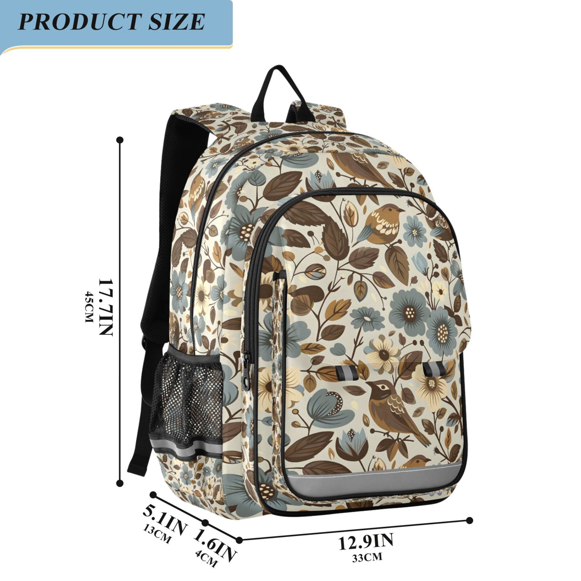 Mochila escolar unisex de 17", casual, para viajes, con bolsillos, estampado floral de pájaro marrón 2