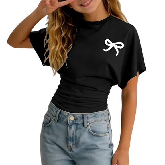 Tiijoy Girls Ruched Tee Bow Print Short Sleeve Crewneck T Shirt Summer Top, Sizes 3-14