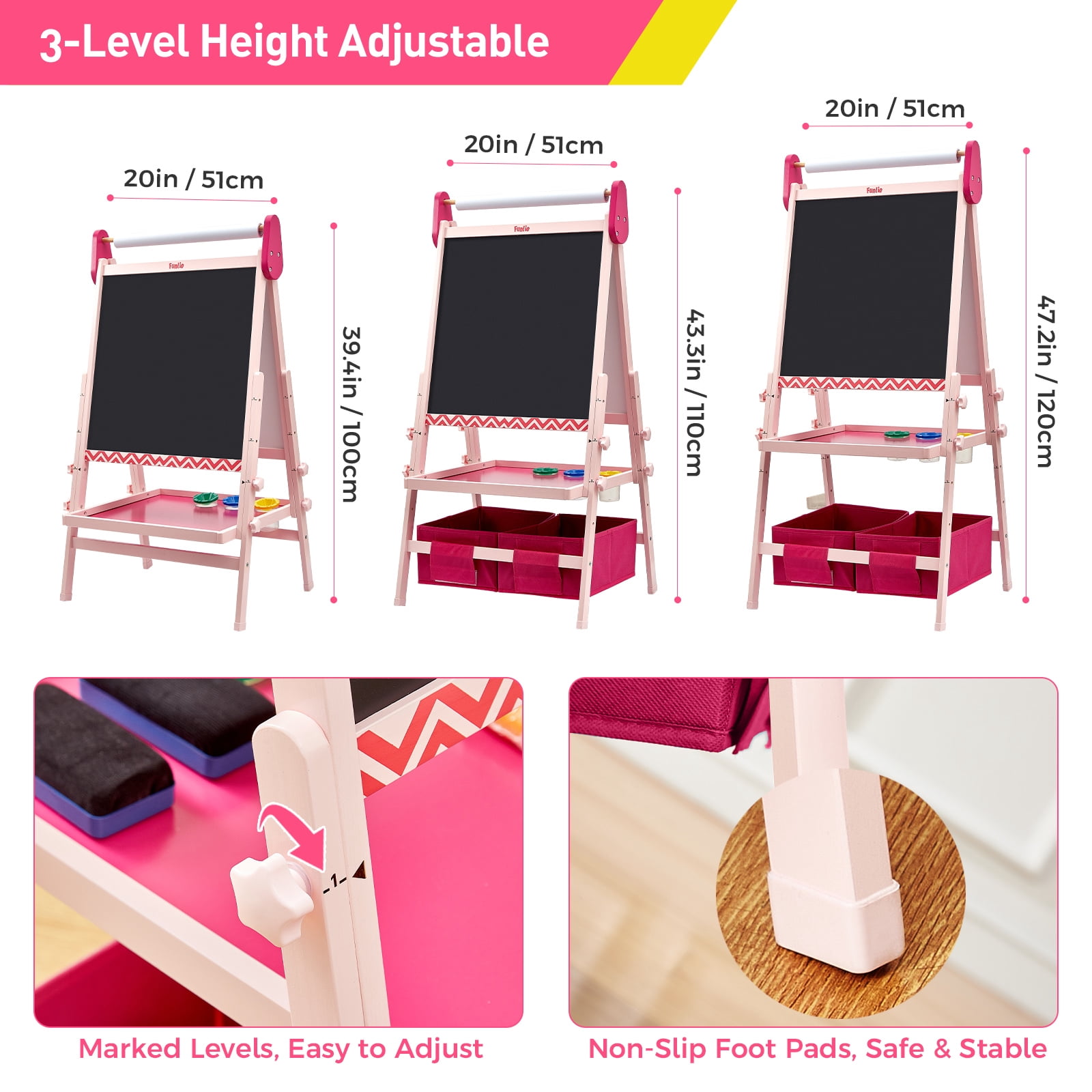 FUNLIO Kids Art Easel, 3 Height Adjustable for Kids Aged 2-8, Toddler Easel with Paper Roll, Anti-Warp & Magnetic Chalkboard/Whiteboard, All-in-One Standing Easel with Erasable Frame (Pink)