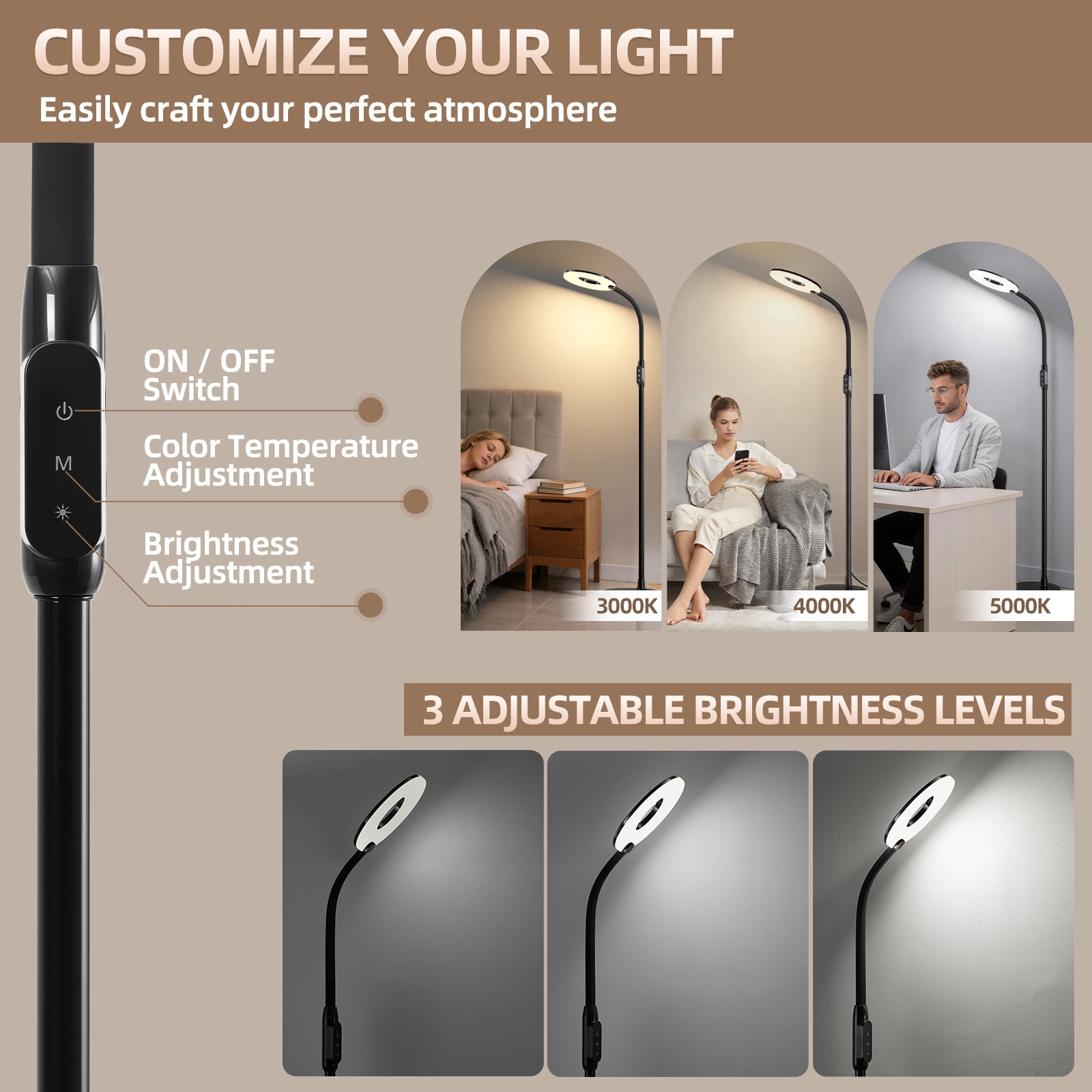 NATYSWAN LED Floor Lamp ,Modern Black Tall Standing Lamp for Living Room, Bedroom,70in Dimmable Floor Reading Light with 3 Color Temperatures&Gooseneck&Touch Control