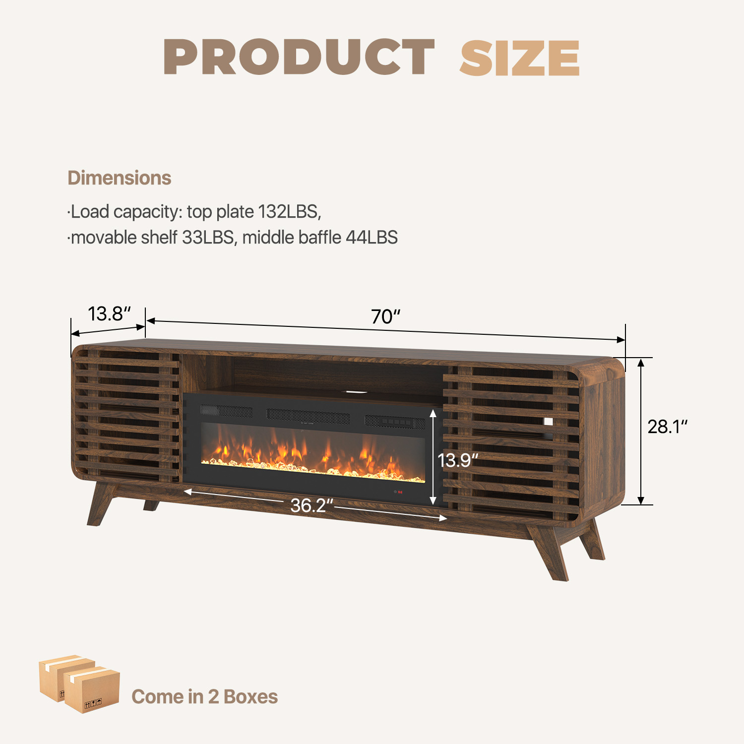 BaPiPro 70" Fireplace TV Stand with 36" Electric Fireplace, for TVs up to 80", Mid-Century Wood Entertainment Centre with Storage, Brown