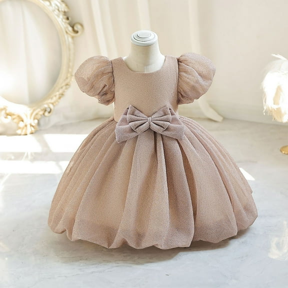 NAISIBABY Girls Princess Dress, Cute Bow Wedding Birthday Pageant Dress Bubble Sleeve Prom Maxi Dress Khaki 3T