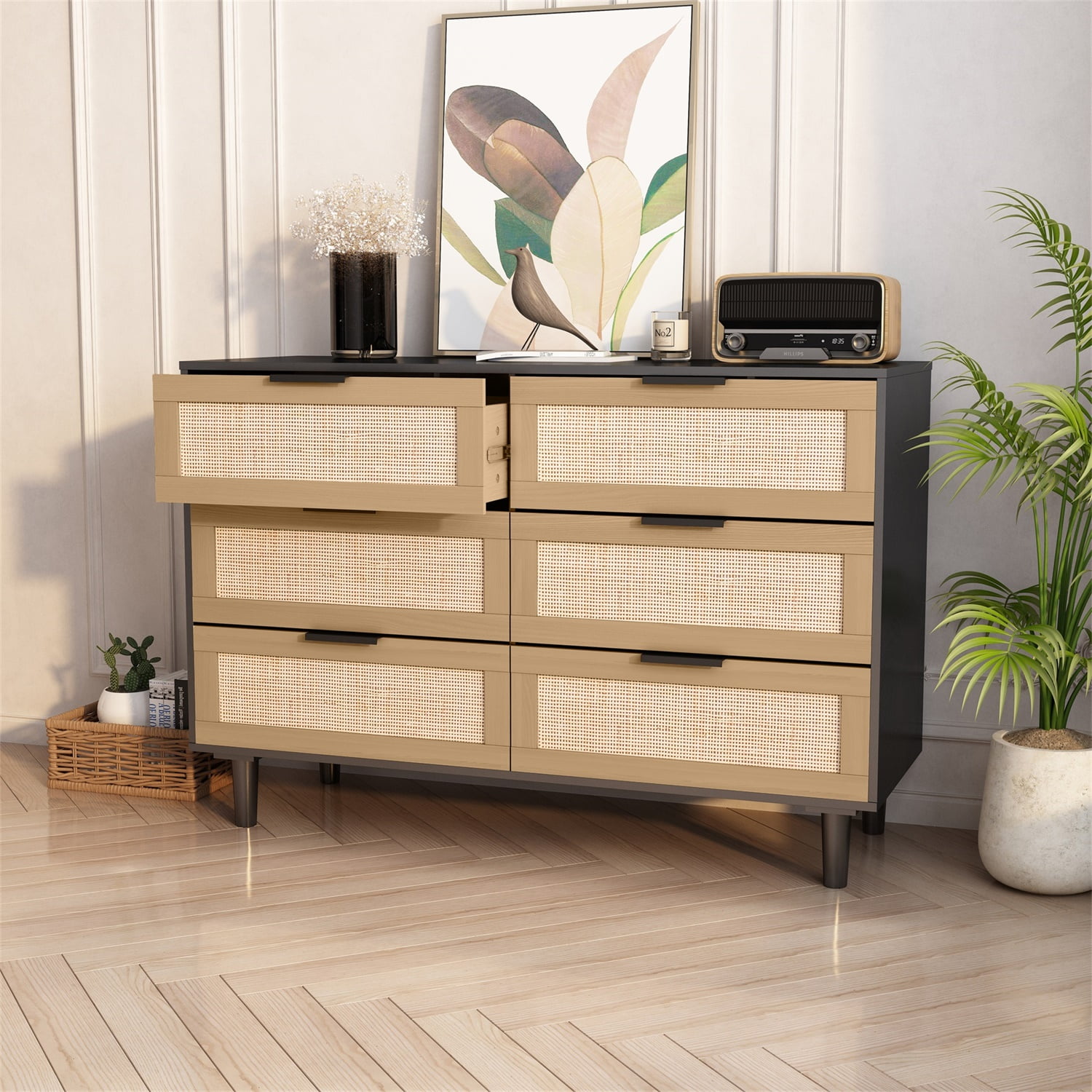 Kadyn Chest of Drawers, 6 Drawers Rattan Dresser for Bedroom with Black Handle, Black Nursery Dresser Kadyn Chest of Drawers, 6 Drawers Rattan Dresser for Bedroom with Black Handle, Black Nursery Dresser