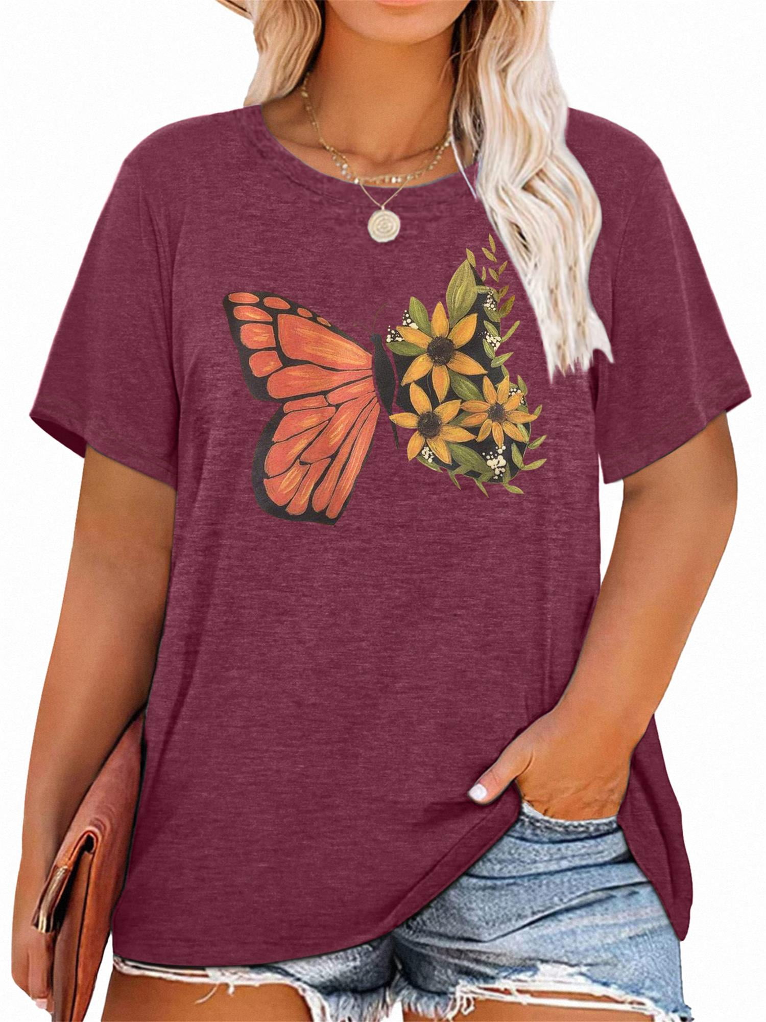 Anbech Plus Size Butterfly Women Shirt Graphic Flower T-Shirts Casual ...