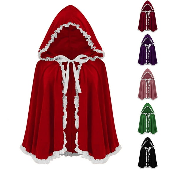 THDHVS shawl wraps for women,Poncho Shawl,Unisex Christmas Velvet Cape with Lace Trim and Attached Hood for Holiday Festivities Short Cloak Features Elegant Ruffle Detail for All Ages