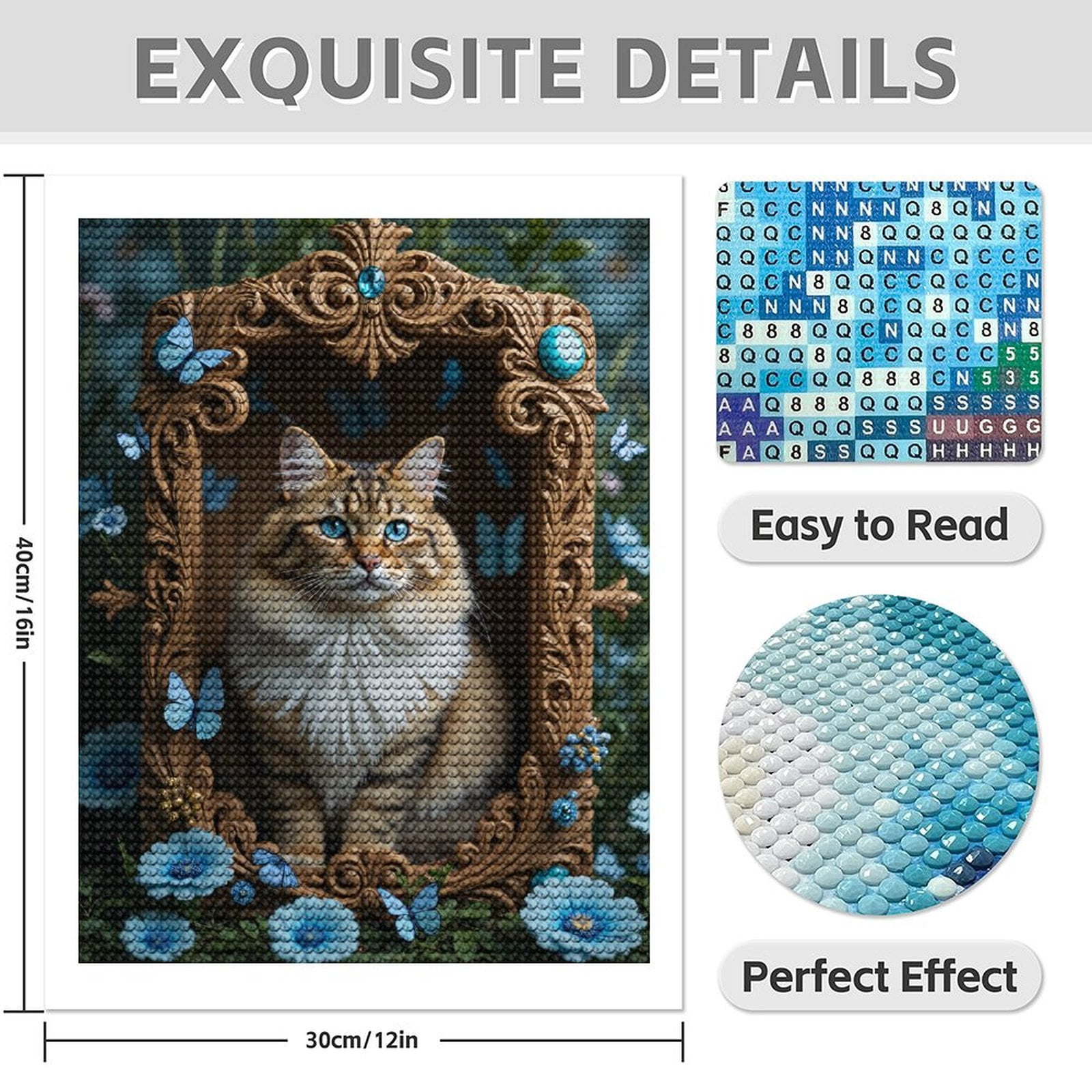 Diamond Art Kit for Adults, Blue Butterflies Framed Cat Scenery Diamond Painting for Adults Beginners, 5D DIY Diamond Art Painting Kits, Colorful Diamond Painting Craft for Home Decor 12x16