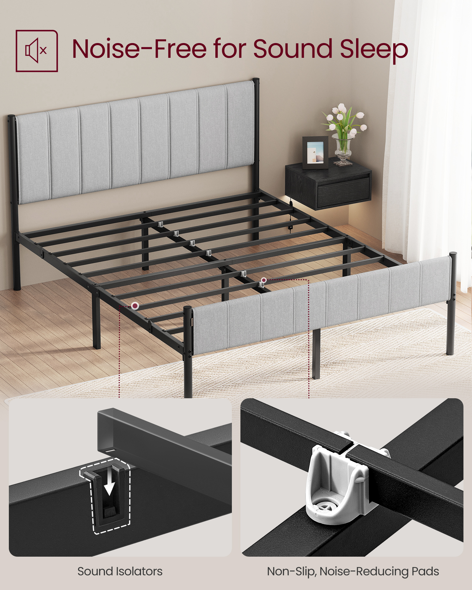 Queen Size Upholstered Bed Frame with Footboard, 1100 lb Capacity, Steel Slats, No Box Spring, Easy Assembly, Modern Minimalist, Dove Gray