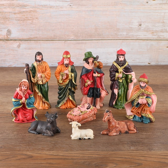 HaoXun Ensemble de 10 Pcs de Crèches de Noël - Ornements Religieux en Résine pour Mangeoire, Décorations Rouges des Fêtes pour Arbre de Noël, Maison, Église, Présentation