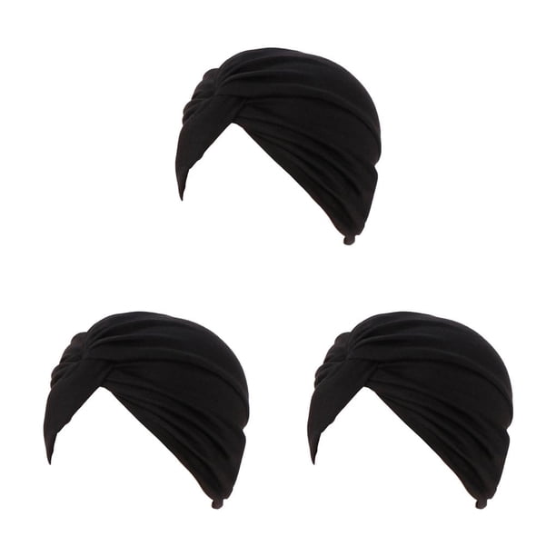 Turbante musulmán Sonducket Gorras Frente Color Pre-Atado Nudo Sombreros Elástico Plisado negro