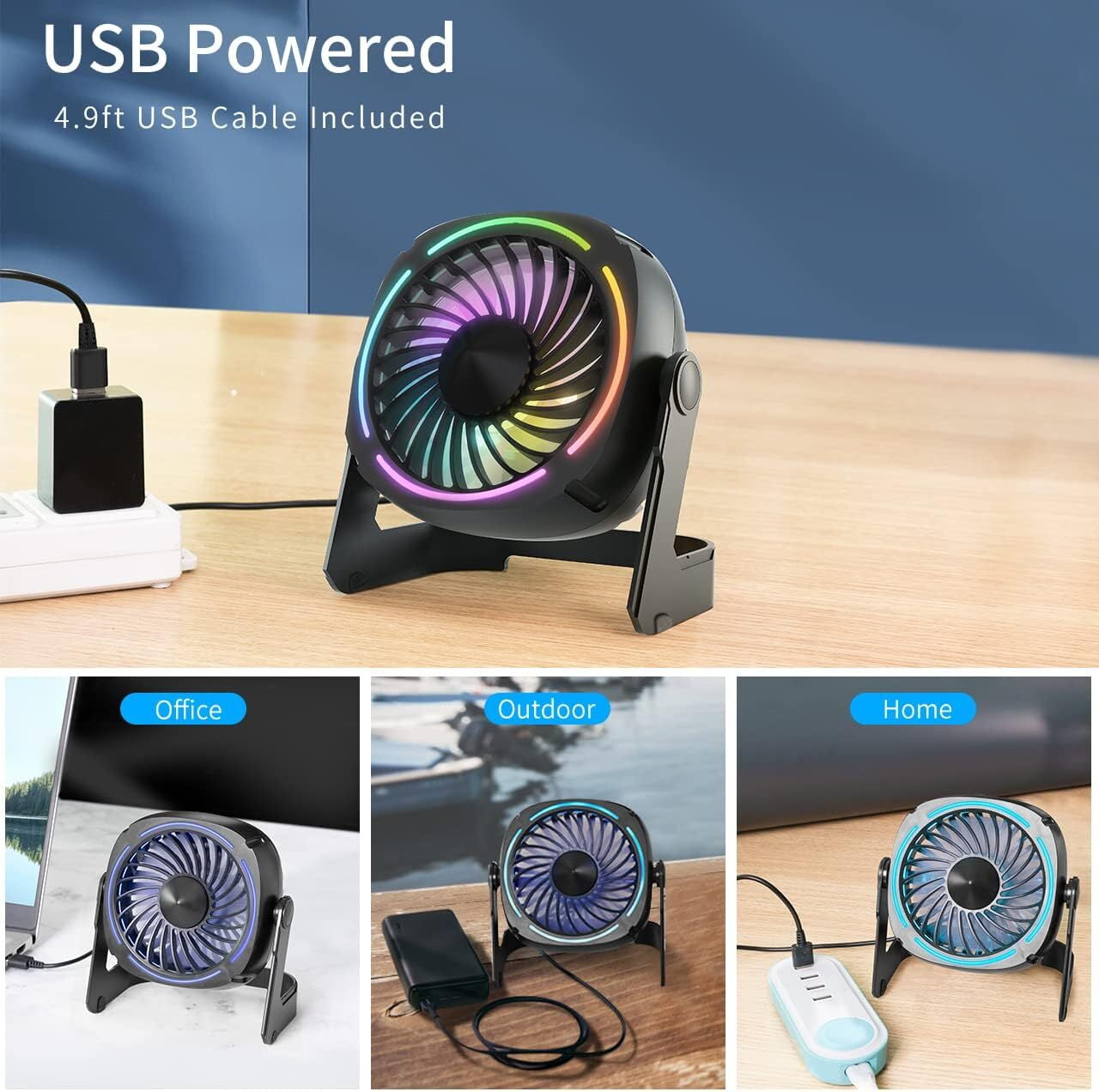 VOCOO Small USB Desk Fans - 5.3 Inch Portable Table Fans with 3 Levels Air Flow, 8 Color LED Lights, 360° Rotation, Quiet Mini Personal Fan for Home Office Desktop