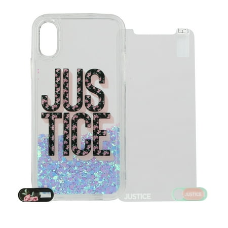 Justice Fashion Shockproof Rugged Protection Soft TPU Case Sets (Screen Protector, Case, Privacy Lens Cover) for iPhone X/XS/XR 5.85" Floating Iridescent Glitter