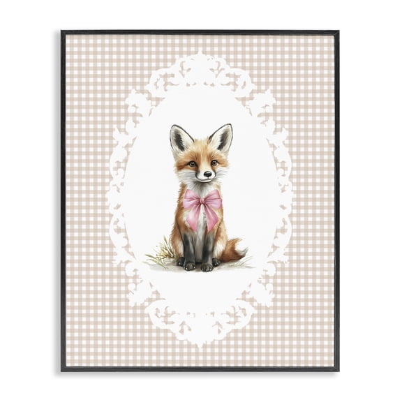 Stupell Industries Shabby Chic Vintage Bow Fox on Gingham Black Framed Giclee Art, 11 x 14, by Christine Simpson Art
