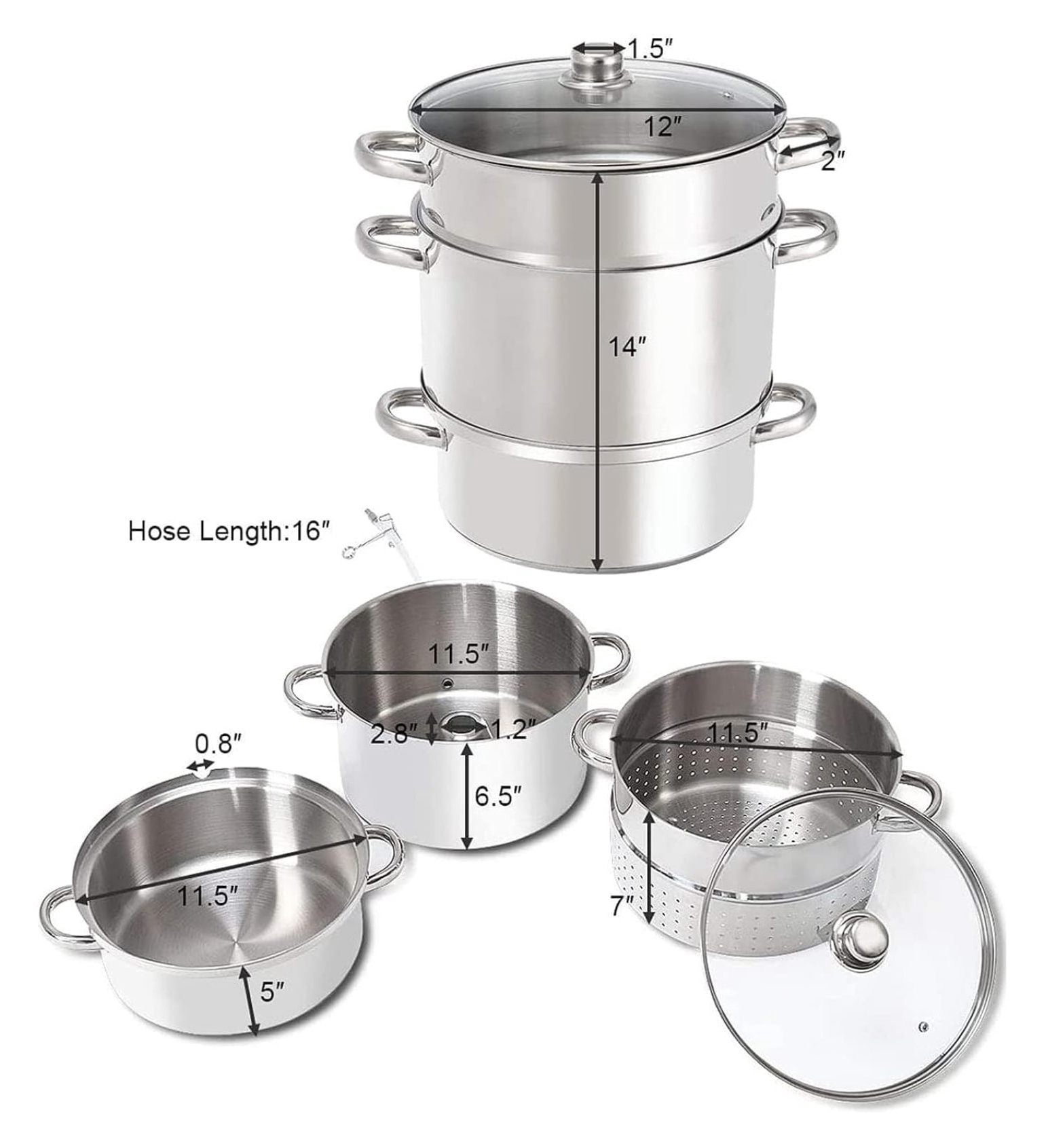 11-Quart Juicer Stainless Steel, Steamer Extractor Pot for Fruit Vegetable Canning with Tempered Glass Lid, Hose, Clamp, Loop Handles, Silver