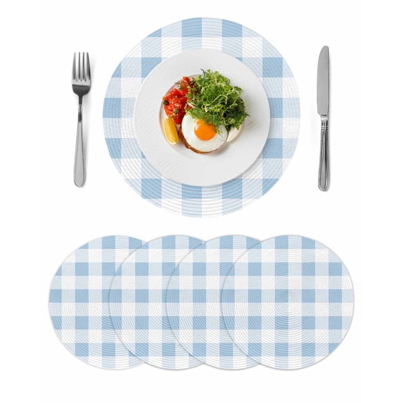 Blue Checkered Round 13 Inch Placemats Set of 4, Blue White Buffalo Plaid HeatResistant Non Slip Place Mats for Dining Table, Wipeable Braided Kitchen Table Mats for Housewarming