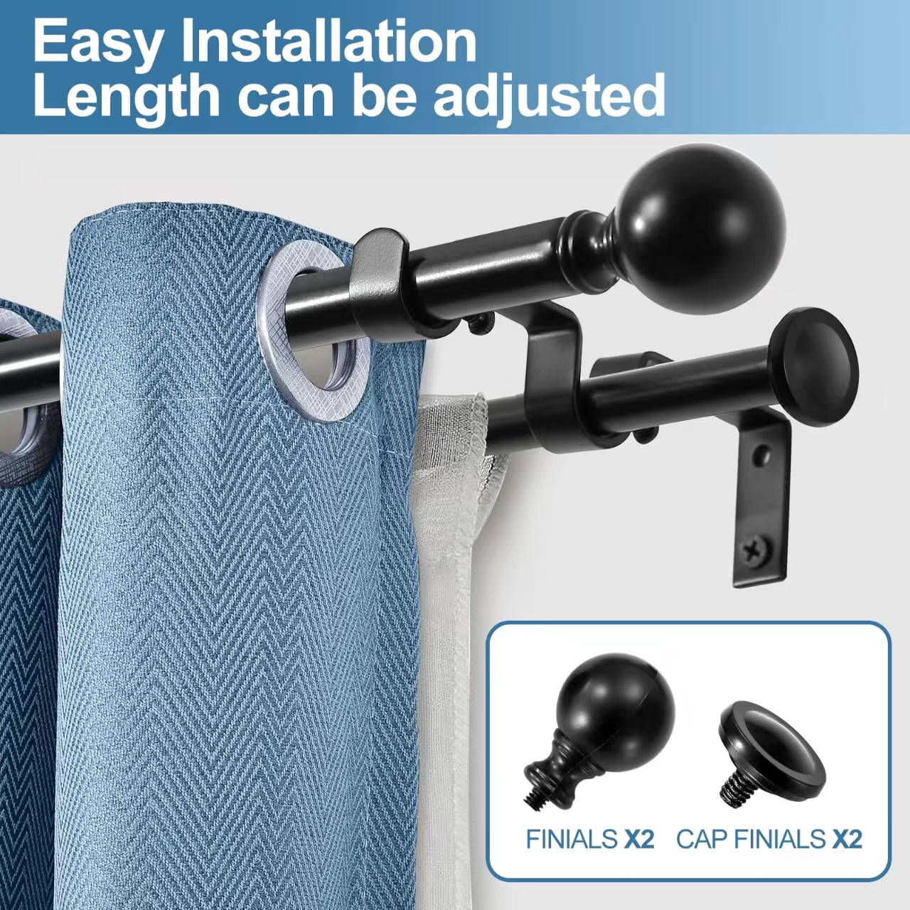 Urbanest Adjustable Double Curtain Rod Set Metal with Decorative Ball Finials, Heavy-Duty, 48"-84", Matte Black