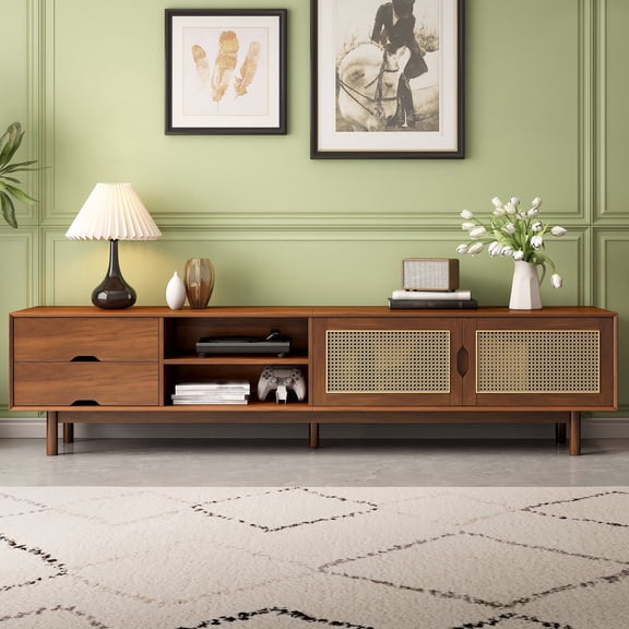 DRNANLIT 78 inch Televisions Stand for TVs up to 85 inch , Modern Media Console with Rattan Panels, 2 Drawers & Solid Wood Legs