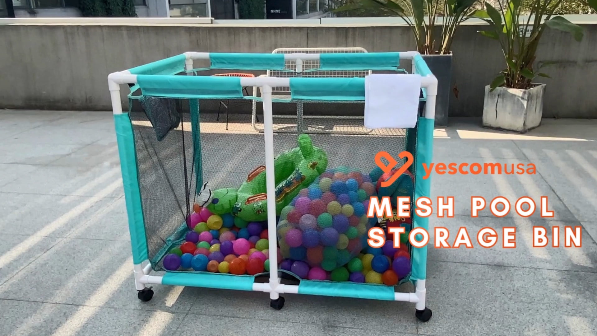 Yescom 48" Heavy-Duty Rolling Pool Toy Storage Bin – Reinforced Metal Frame Mesh Cart with 10-Wheel Stability, Side Pockets, and Breathable Quick-Dry Fabric in Blue