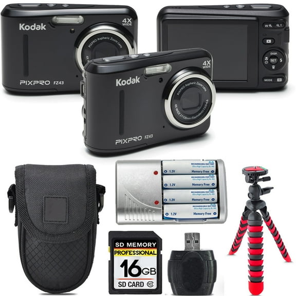 Kodak PIXPRO FZ43 Digital Camera (Black)   Extra Battery  Tripod   Case -16GB Kit