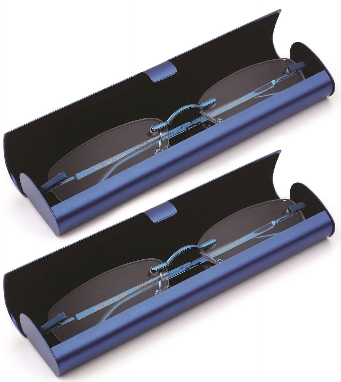 Newbee Fashion-Portable Compact Reading Glasses in Aluminum Case Metal Rectangle Rimless Reading Glasses Super Lightweight Reader Slim Design Comfort Fit 2 Pack Blue 2.25