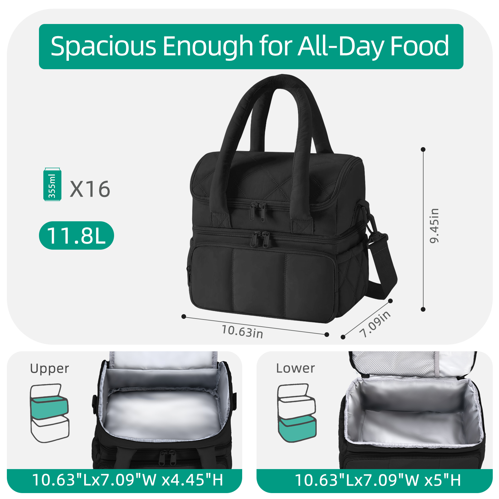 stillithou Double Deck Lunch Bag Insulated Leakproof, Quilted Puffer Lunch Bag Women Lightweight for Work Travel Beach Picnic, Large(Double Deck), Black