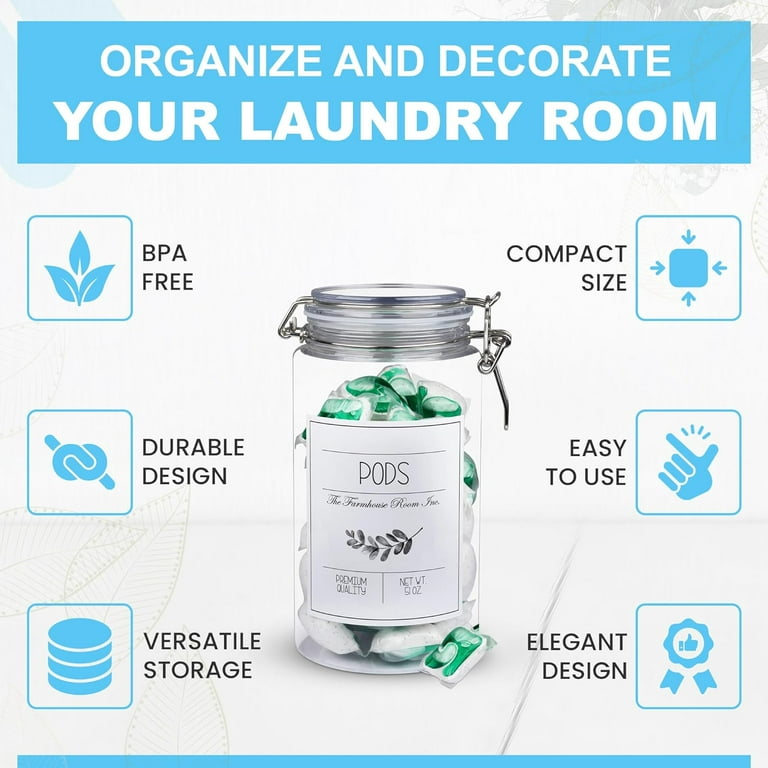 Laundry Pods Container, 64 oz Glass Jar for Laundry Room Organization Holds  Detergent Pods, Dryer Balls, Scent Boosters or Dryer Sheets Includes 12  Labels and Ribbon for Farmhouse Laundry Room Decor