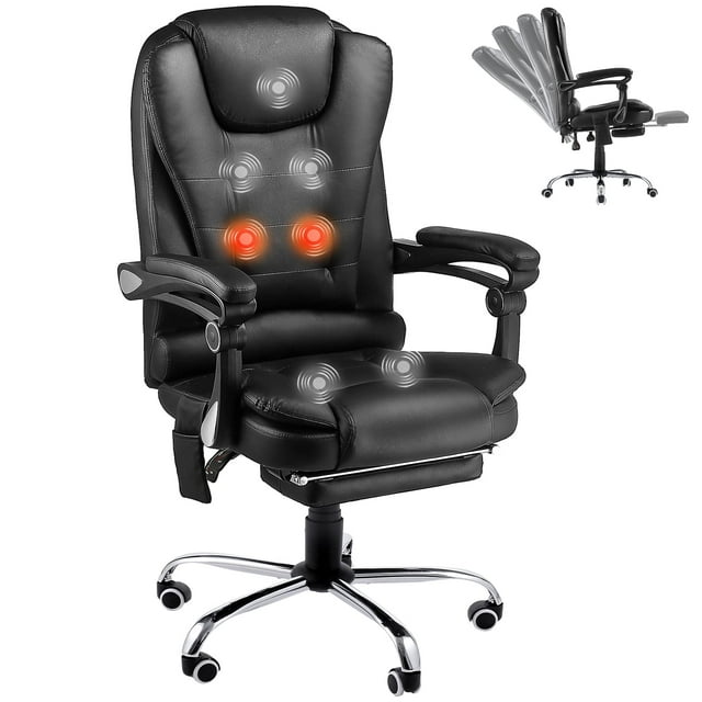 YODOLLA Ergonomic Massage High Back Leather Office Chair with Heat and 7 Points Vibration Points, Swivel Office Desk Chair with Retractable Footrest, Black