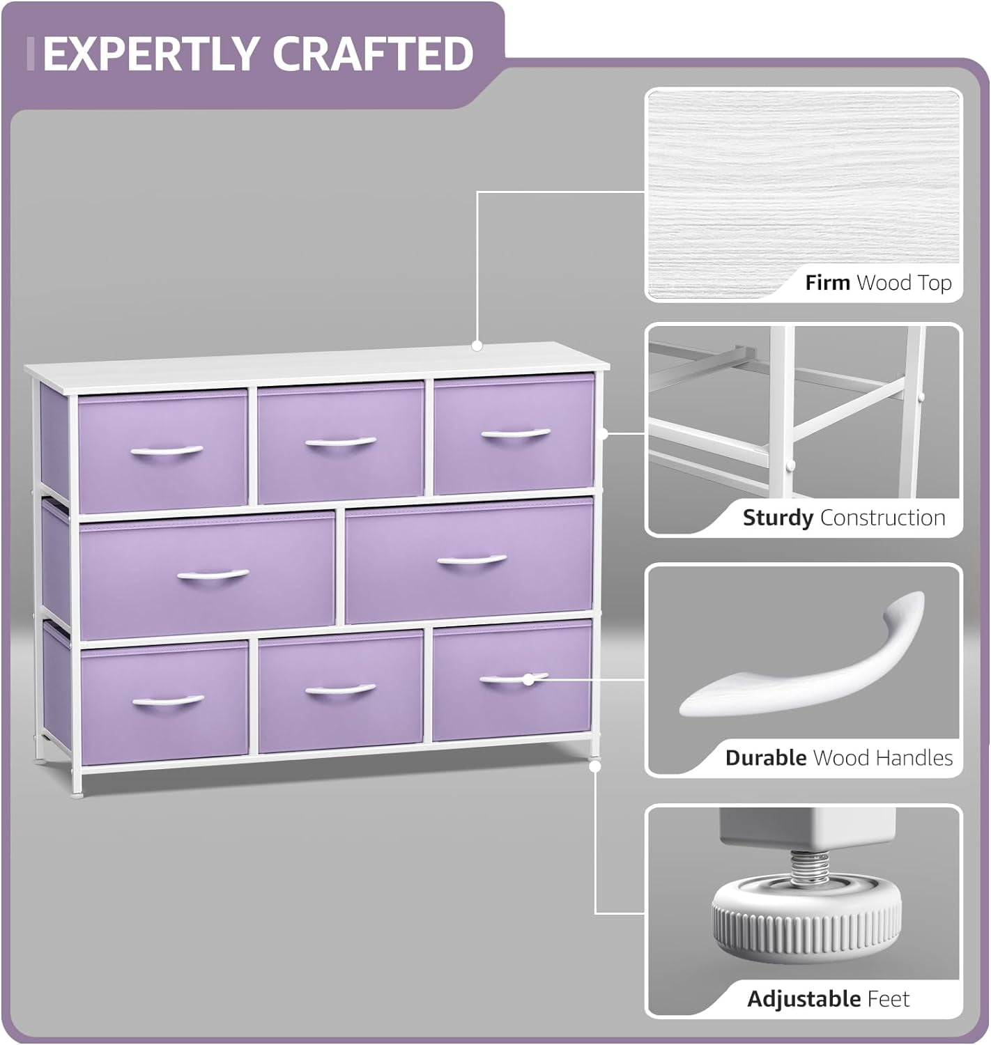Sorbus Dresser with 8 Fabric Bins Drawers - Kids Furniture Storage Chest for Clothing Toys Organization, Bedroom, Closet (Purple)