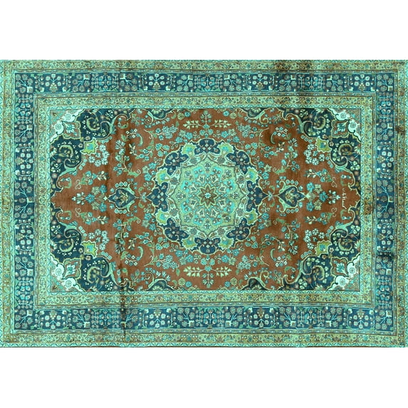 Ahgly Company Machine Washable Indoor Rectangle Medallion Turquoise Blue Traditional Area Rugs, 6' x 9'