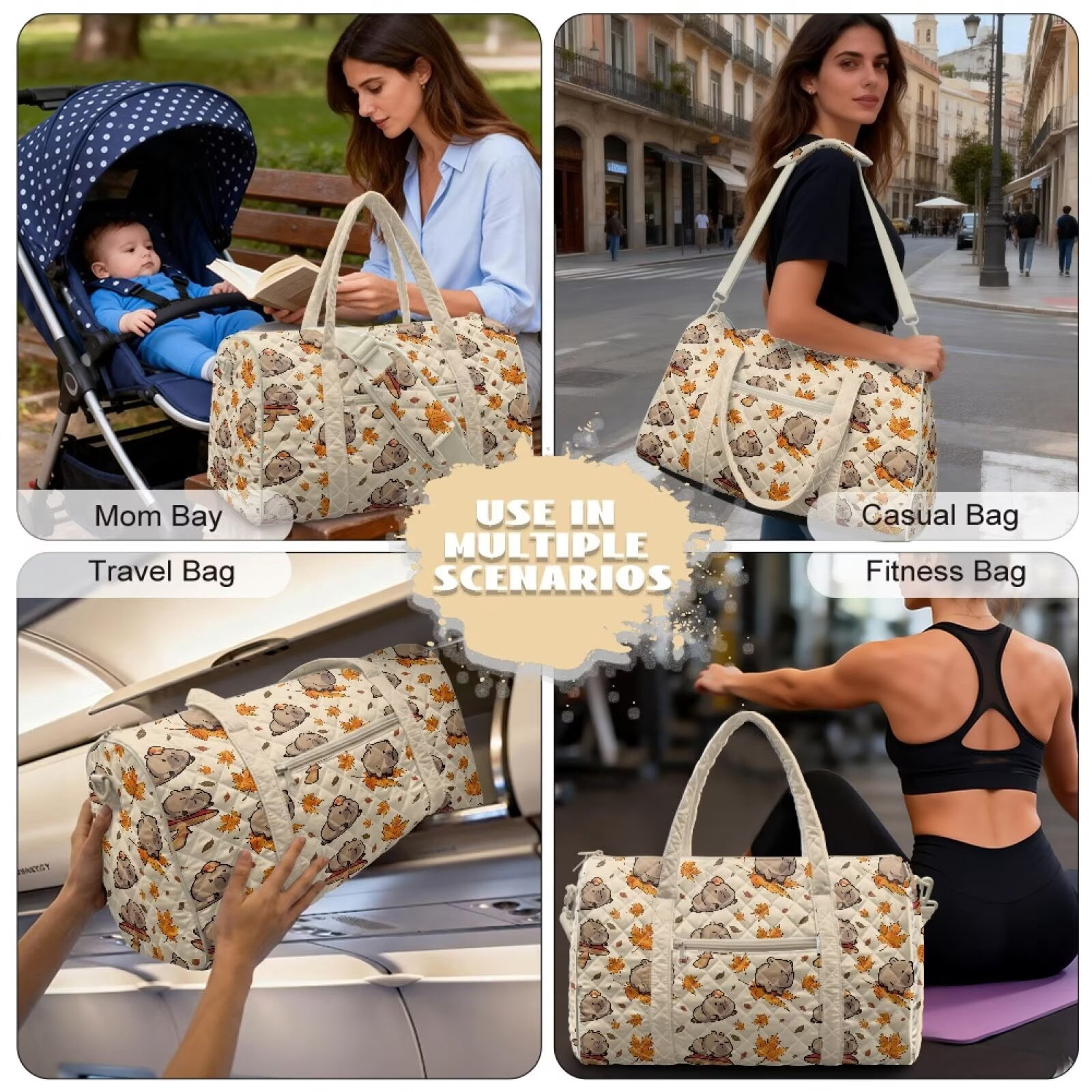 Garronmavis Cute Capybara Maple Leaf Print Large Quilted Duffle Bag for Women, Weekender Travel Bag Carry On Tote Gym Overnight Bag with Luggage Sleeve